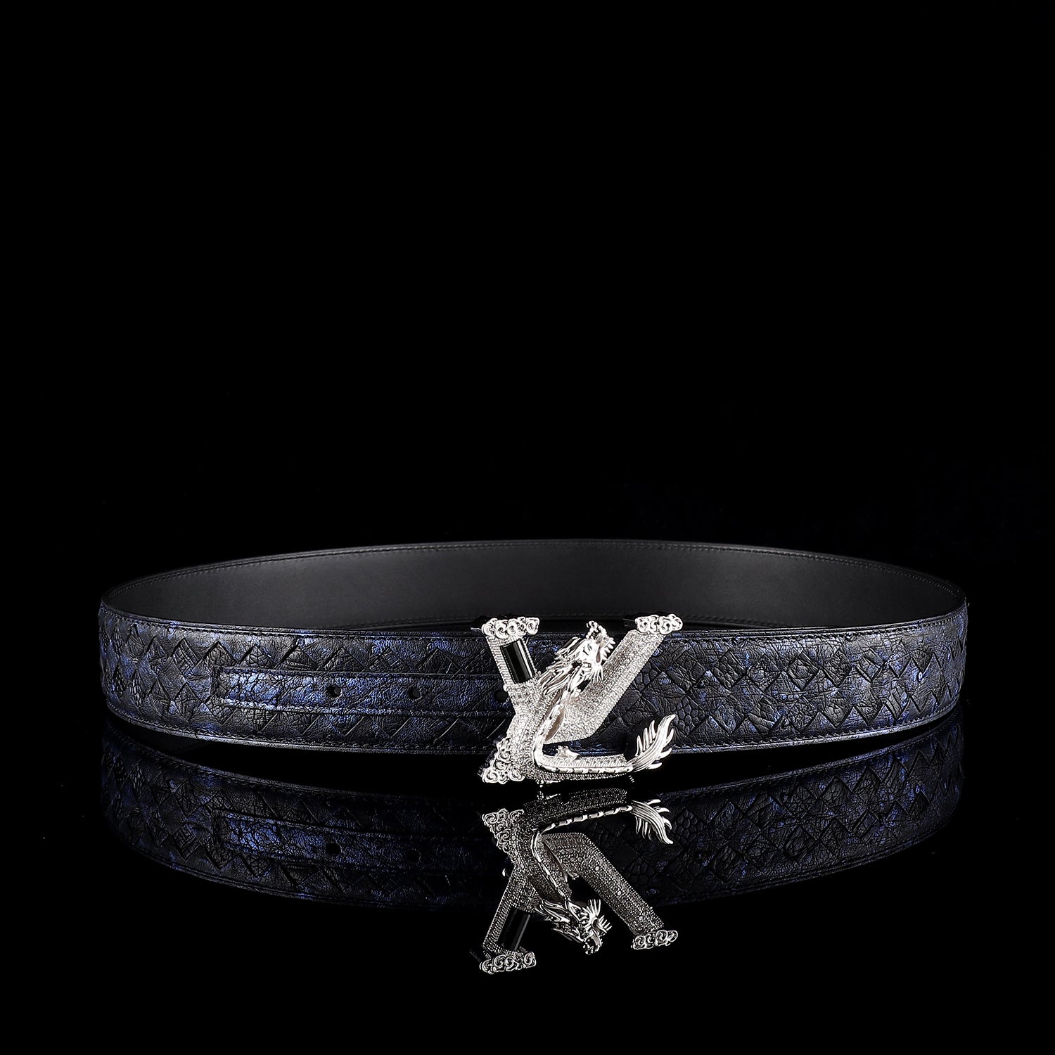 Men’s Handwoven Ostrich Leather Belt – 3D Dragon Rhinestone Buckle, 1.5" — edge detail | BELTLEY