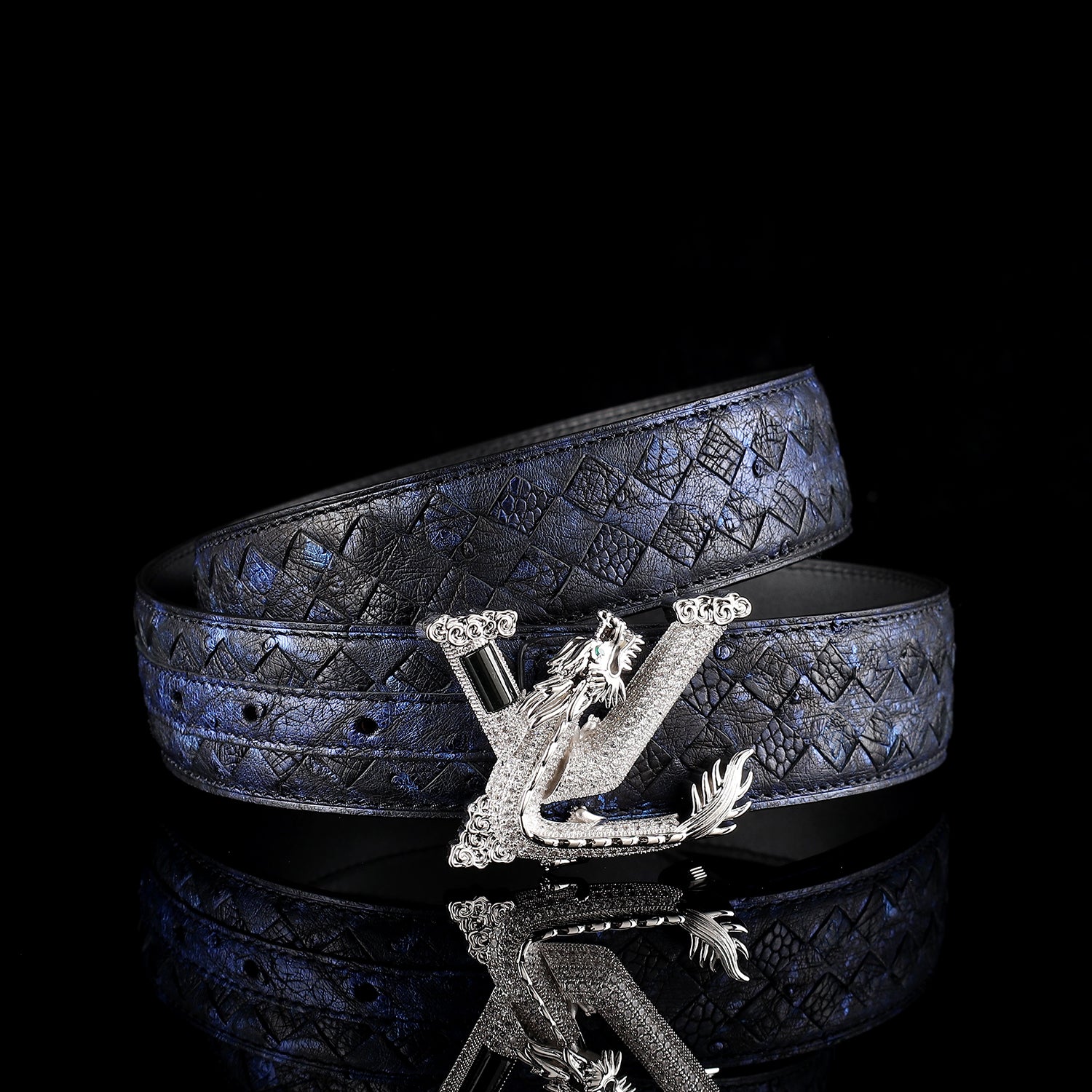 Men’s Handwoven Ostrich Leather Belt – 3D Dragon Rhinestone Buckle, 1.5" — side detail | BELTLEY