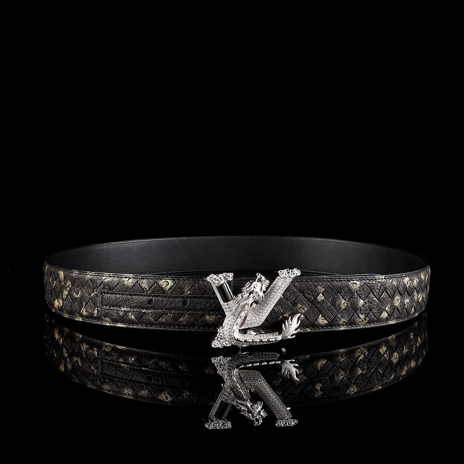 Men’s Handwoven Ostrich Leather Belt – 3D Dragon Rhinestone Buckle, 1.5"