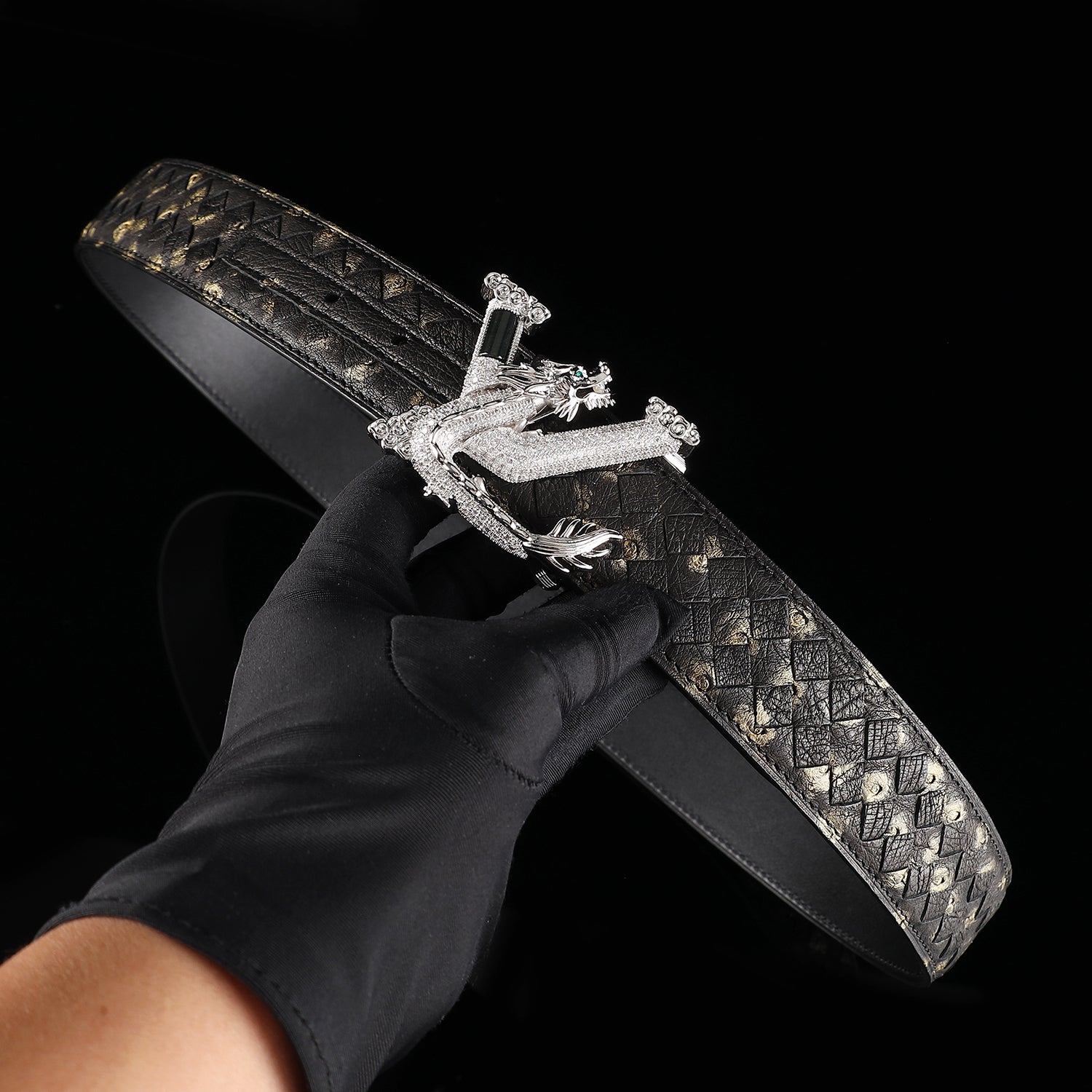 Men’s Handwoven Ostrich Leather Belt – 3D Dragon Rhinestone Buckle, 1.5" — detail close-up | BELTLEY