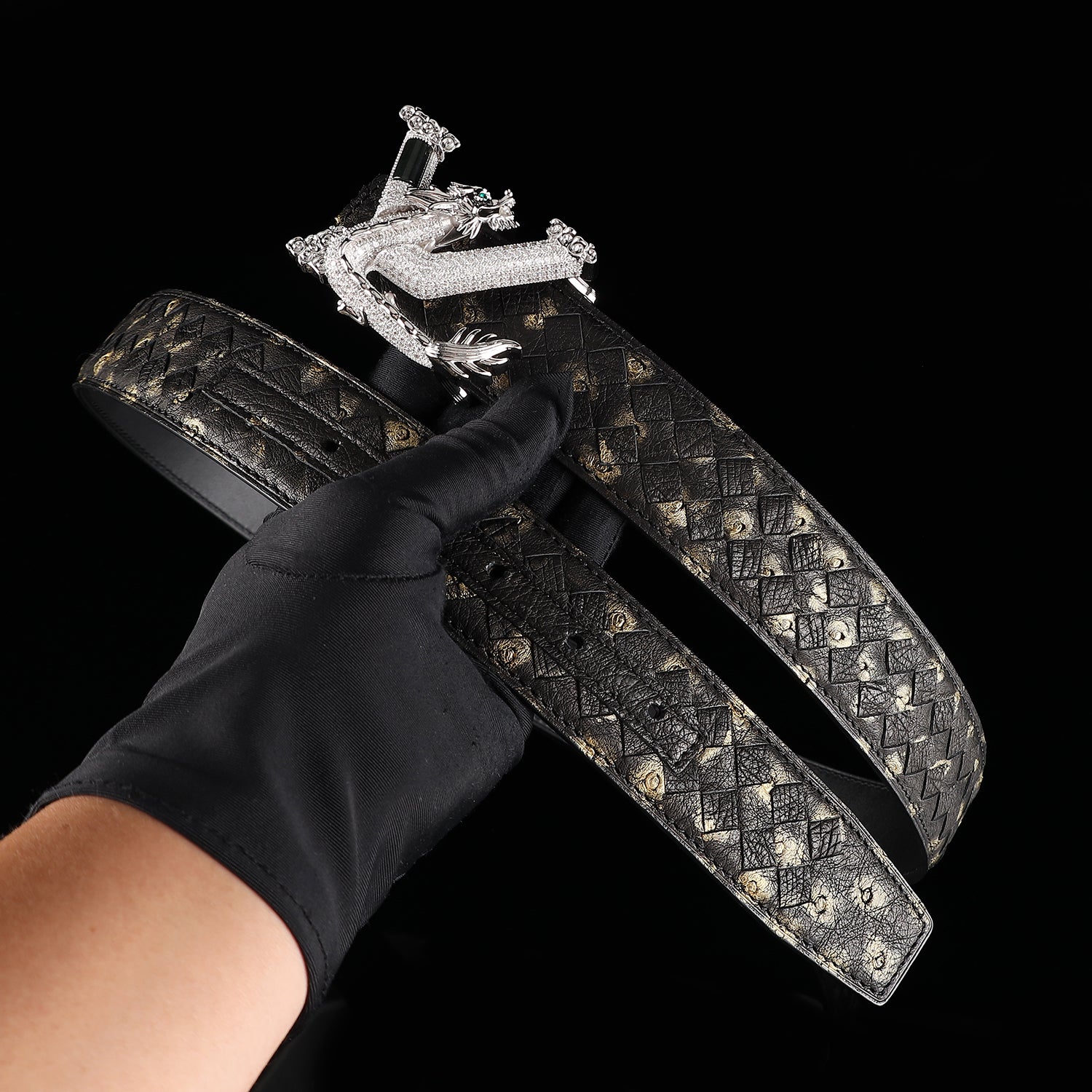 Men’s Handwoven Ostrich Leather Belt – 3D Dragon Rhinestone Buckle, 1.5" — buckle close-up | BELTLEY