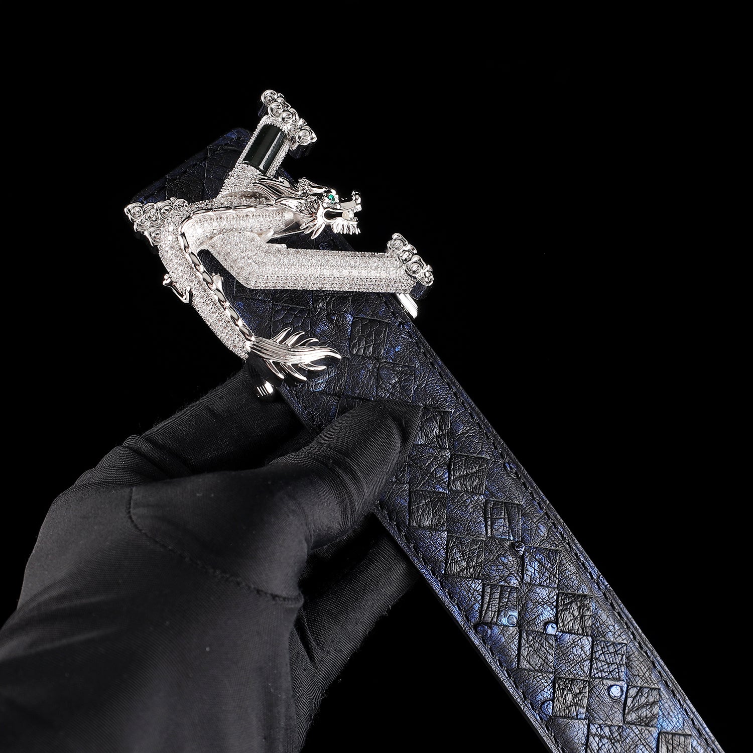 Men’s Handwoven Ostrich Leather Belt – 3D Dragon Rhinestone Buckle, 1.5" — additional view 11 | BELTLEY