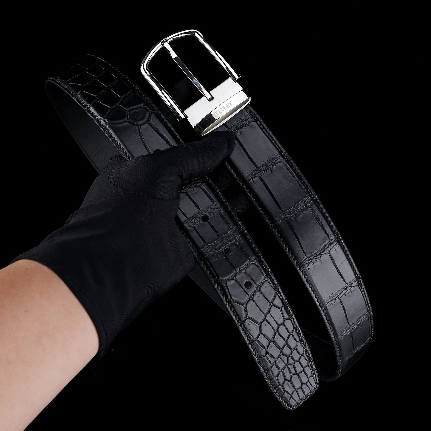 Men's Matte Black Crocodile Dress Belt By BELTLEY