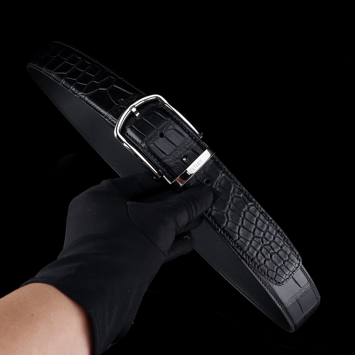 Men's Matte Black Crocodile Dress Belt By BELTLEY