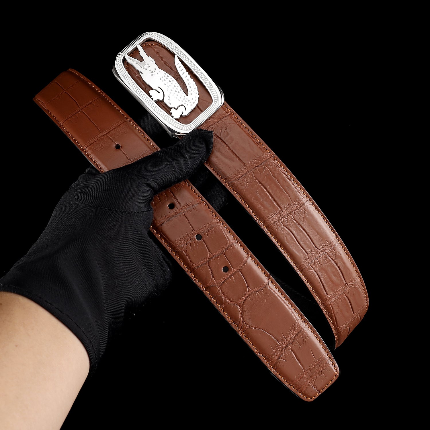 Men’s Real Crocodile Belt with Stainless Steel Crocodile Buckle — lifestyle shot | BELTLEY