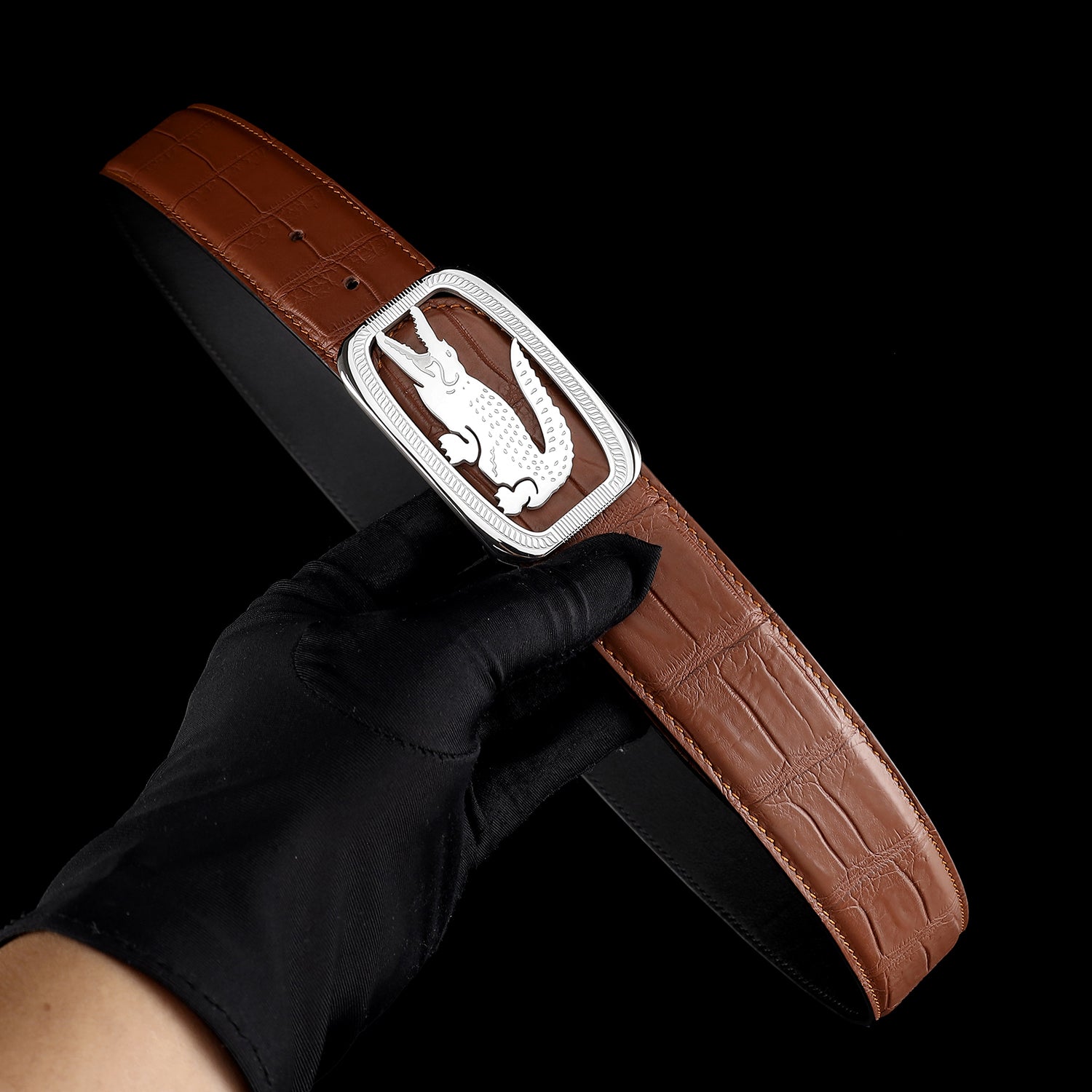 Men’s Real Crocodile Belt with Stainless Steel Crocodile Buckle — side detail | BELTLEY