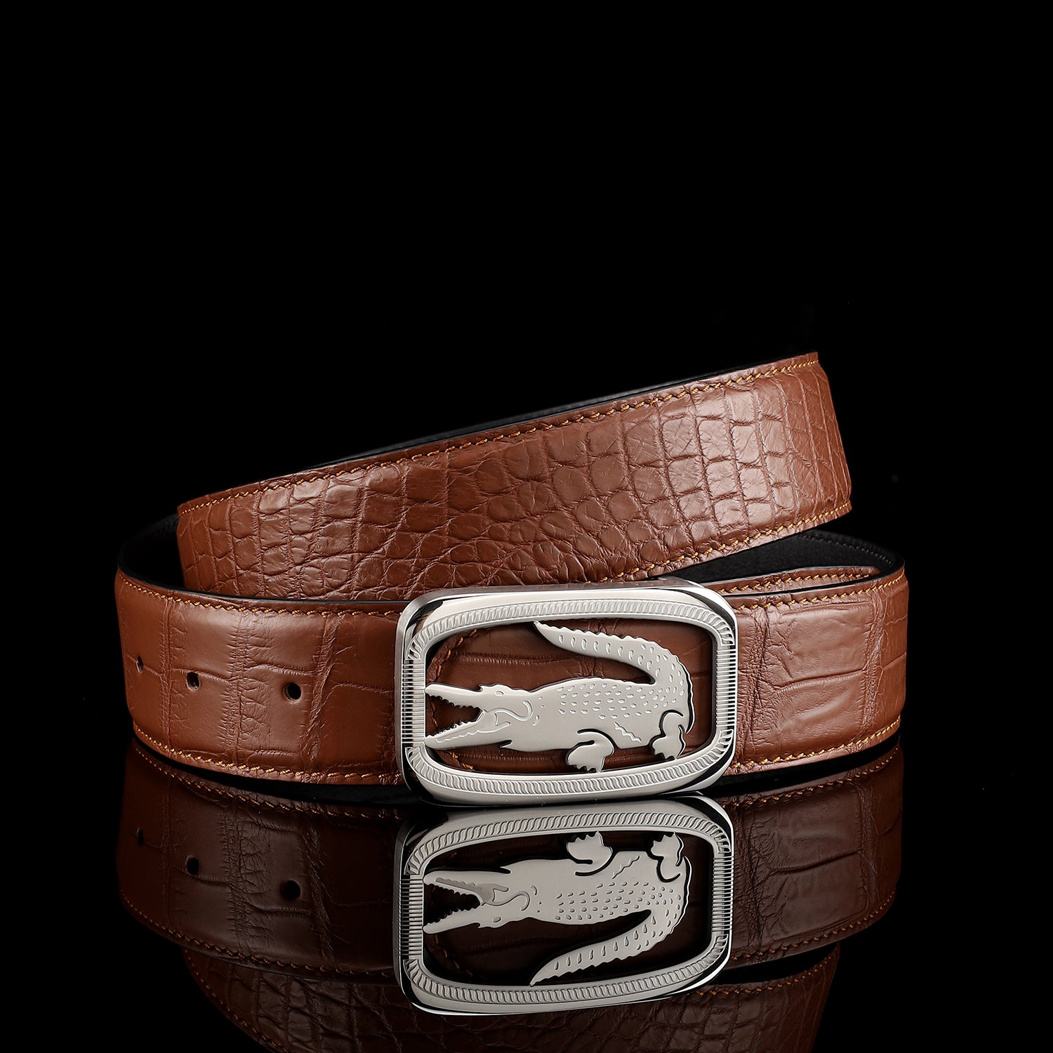 Men’s Real Crocodile Belt with Stainless Steel Crocodile Buckle — detail close-up | BELTLEY