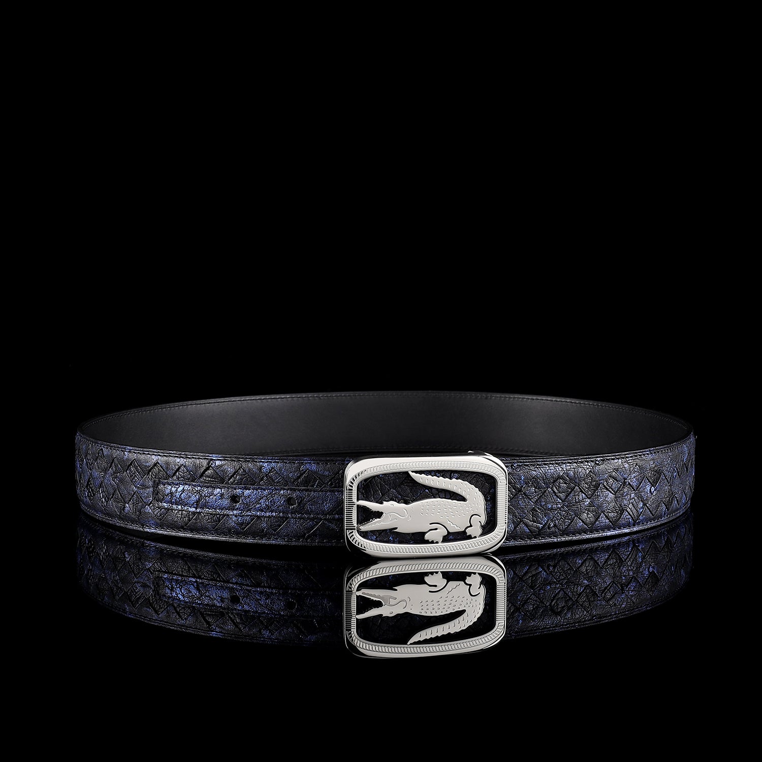 BELTLEY Men’s Handwoven Ostrich Leather Belt with Crocodile Plaque Buckle