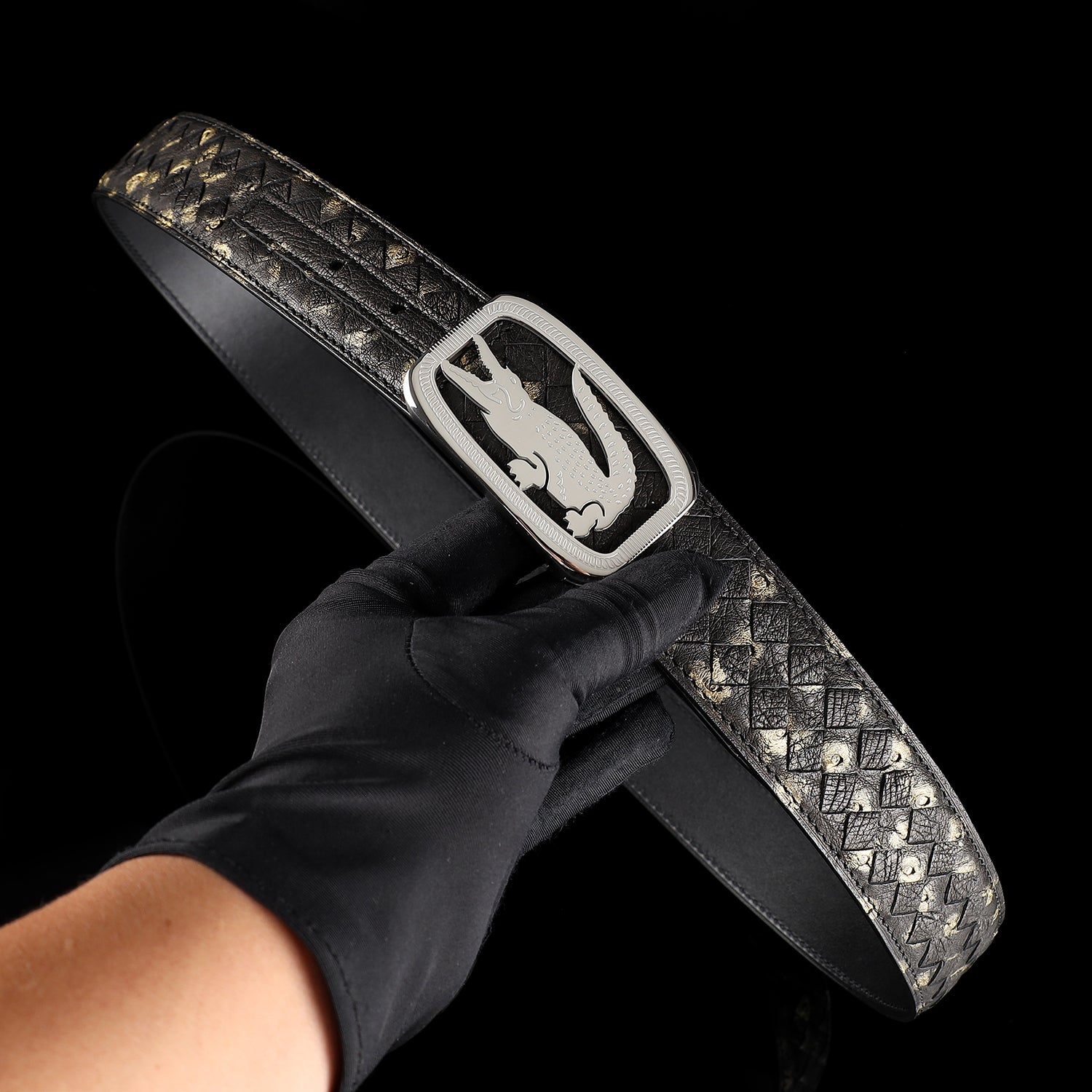 Men’s Handwoven Ostrich Leather Belt with Crocodile Plaque Buckle — additional view 11 | BELTLEY