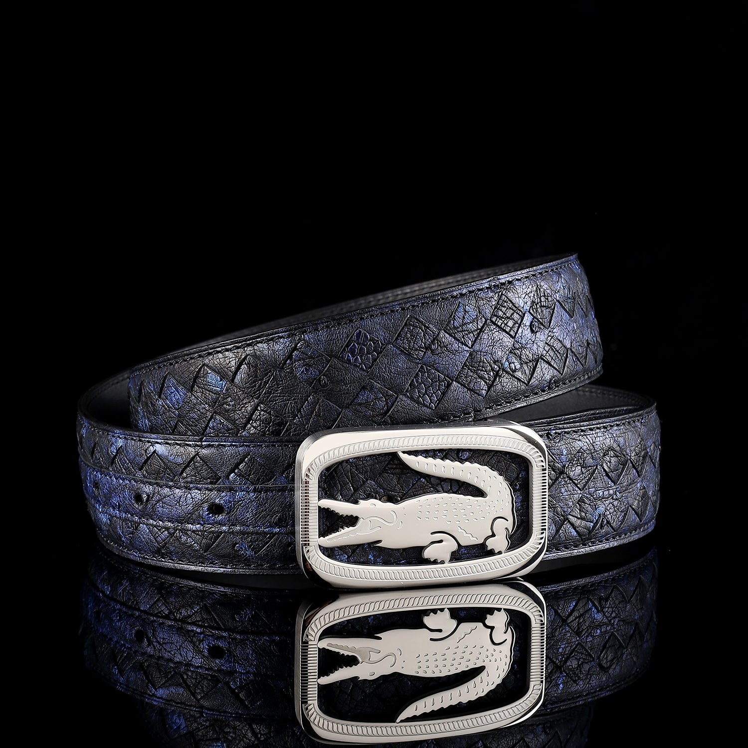 BELTLEY Men’s Handwoven Ostrich Leather Belt with Crocodile Plaque Buckle