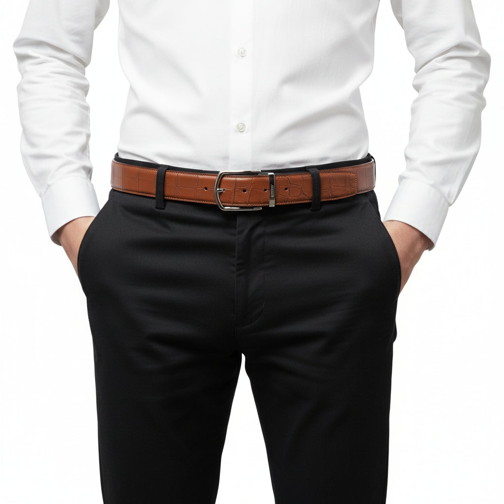 Men's Matte Cognac Tan Real Crocodile Leather Belt — additional view 16 | BELTLEY