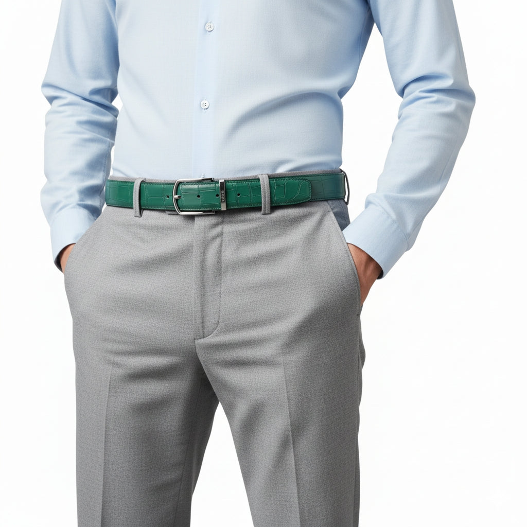 BELTLEY Men's Matte Emerald Green Genuine Crocodile Skin Belt