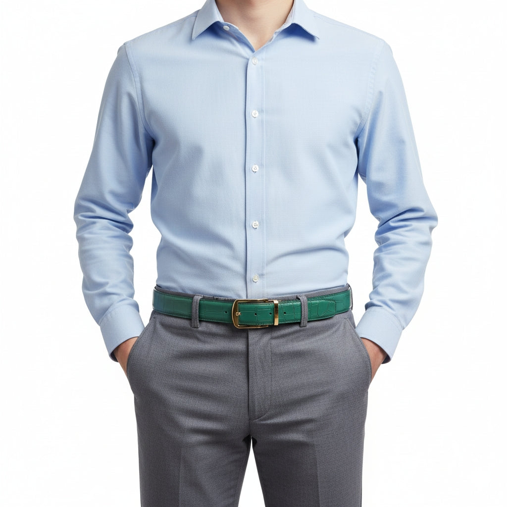 BELTLEY Men's Matte Emerald Green Genuine Crocodile Skin Belt