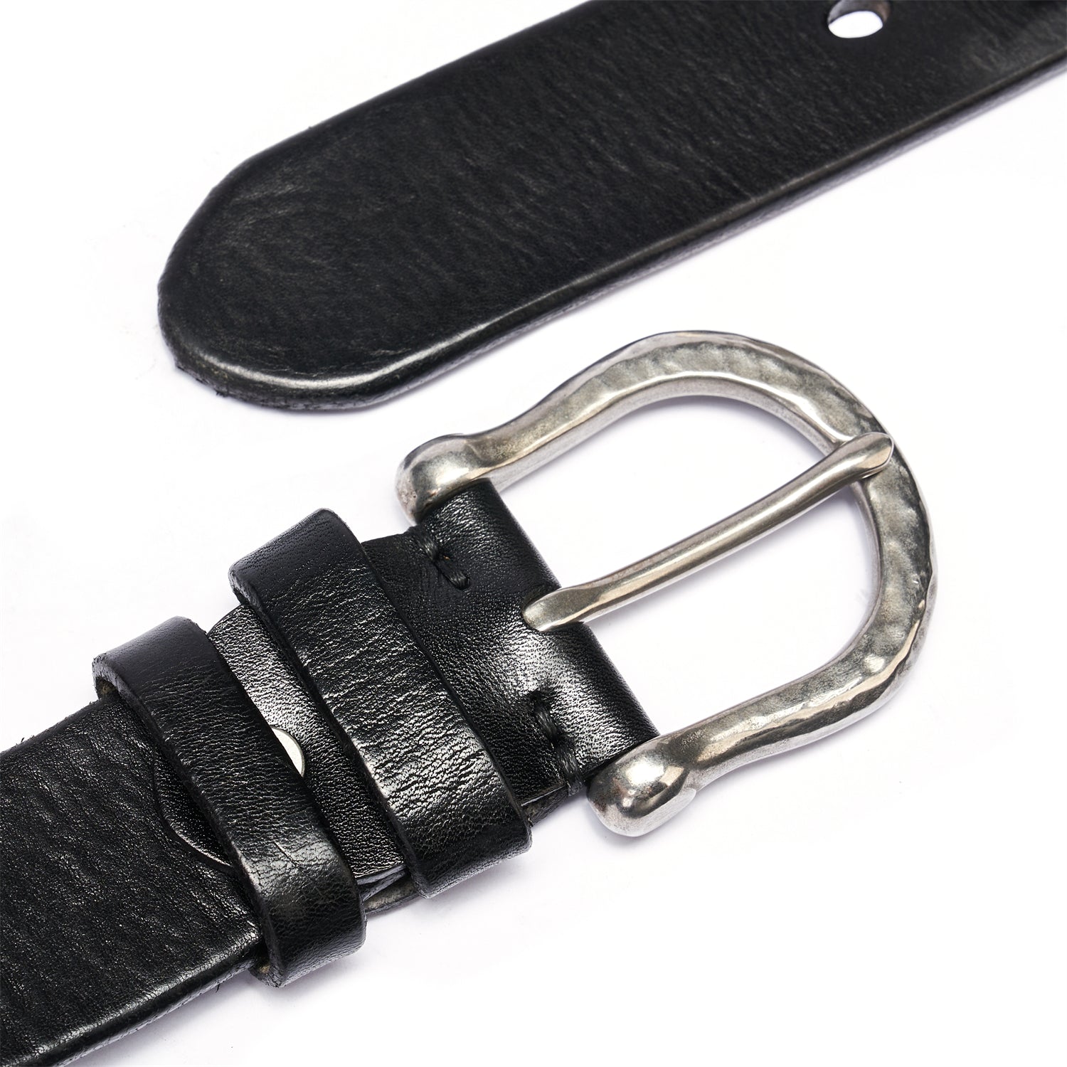 Mens Black Leather Belt 1.5 Inches &Aged Stainless Steel Buckle Full Grain Leather