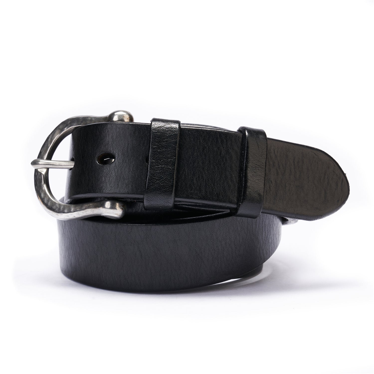 Mens Black Leather Belt 1.5 Inches &Aged Stainless Steel Buckle Full Grain Leather