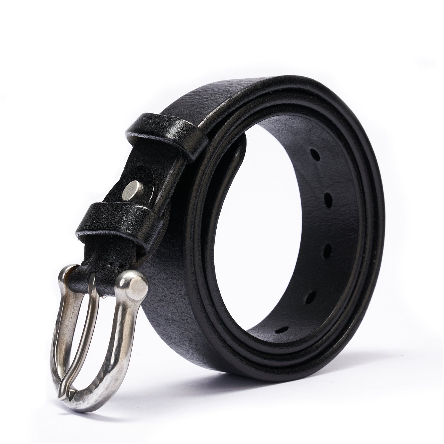 Mens Black Leather Belt 1.5 Inches &Aged Stainless Steel Buckle Full Grain Leather