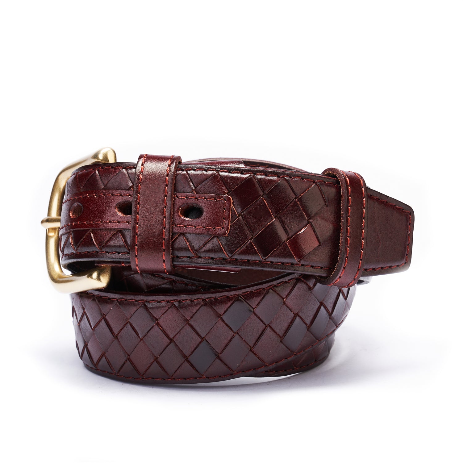 Midnight Crimson Diamond Weave Belt • Vegetable-Tanned Leather