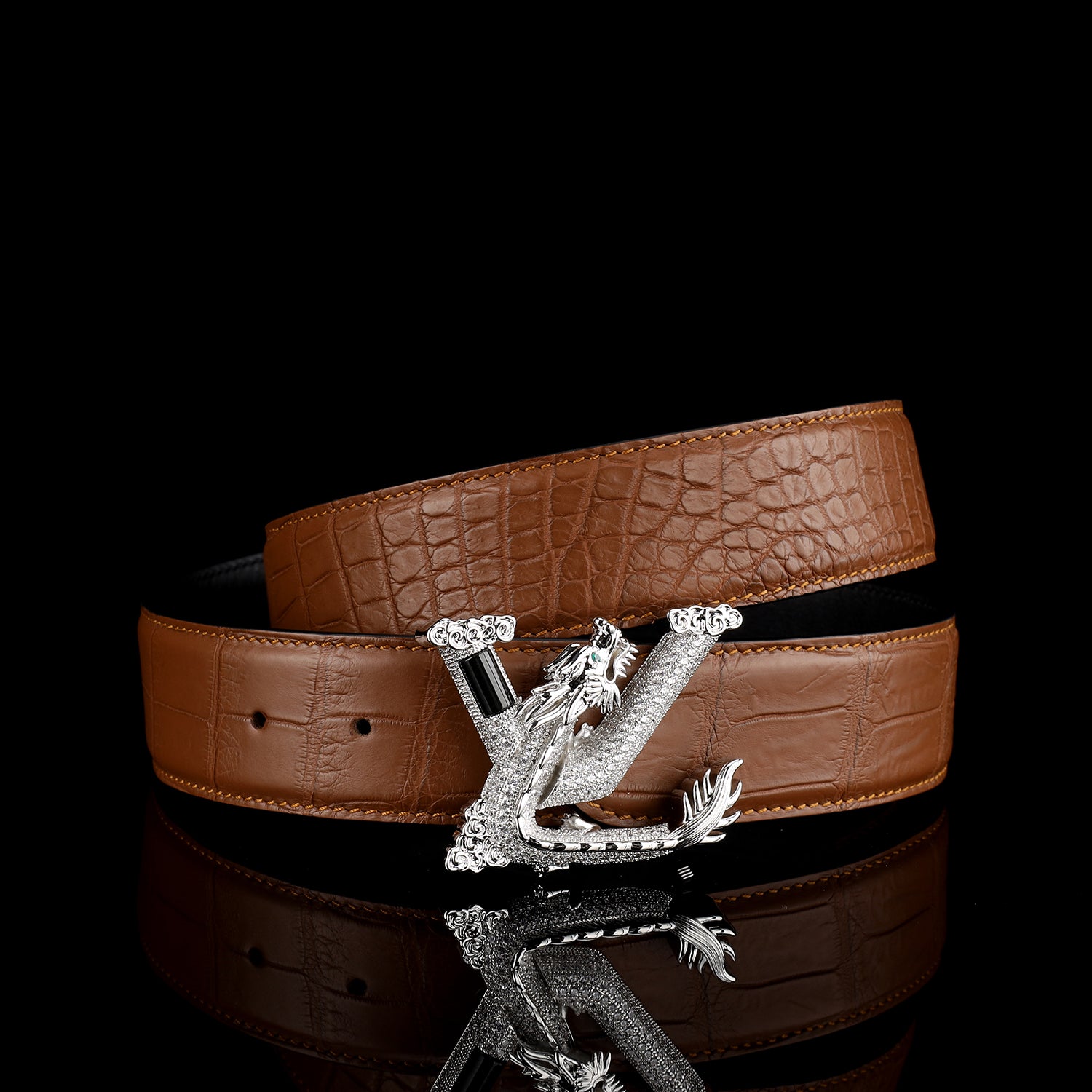 Nile Crocodile Leather Belt with 3D Dragon V Buckle — additional view 11 | BELTLEY