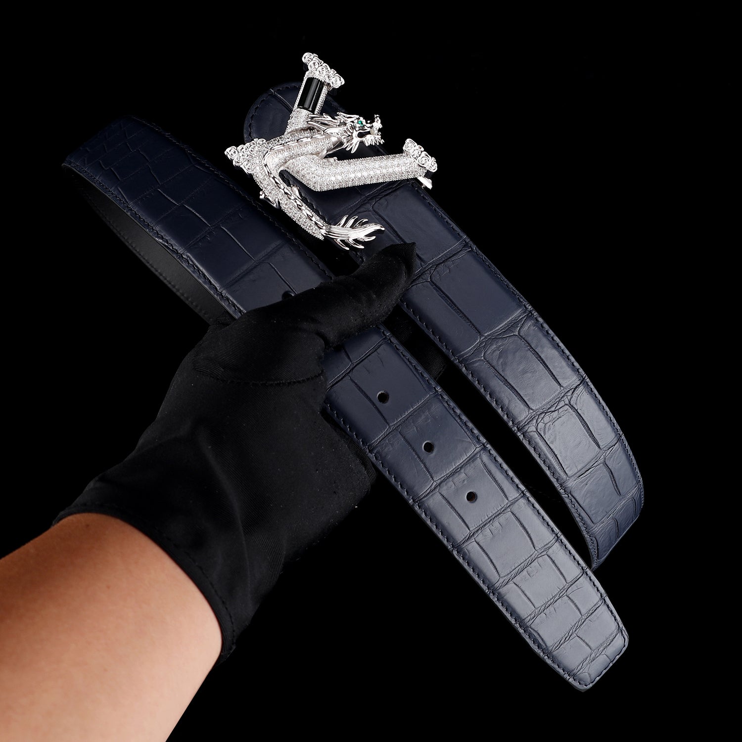 Nile Crocodile Leather Belt with 3D Dragon V Buckle — reverse side | BELTLEY