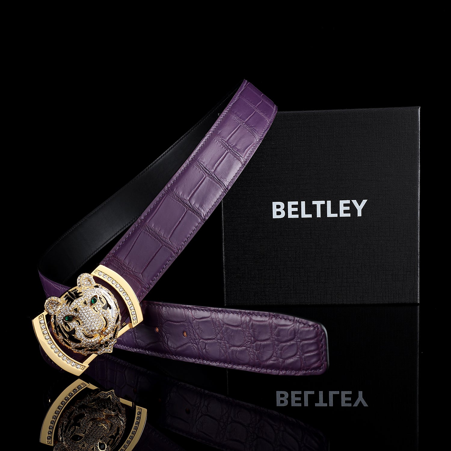 Original Mens Purple Crocodile Leather Belt with Gold Tiger Buckle