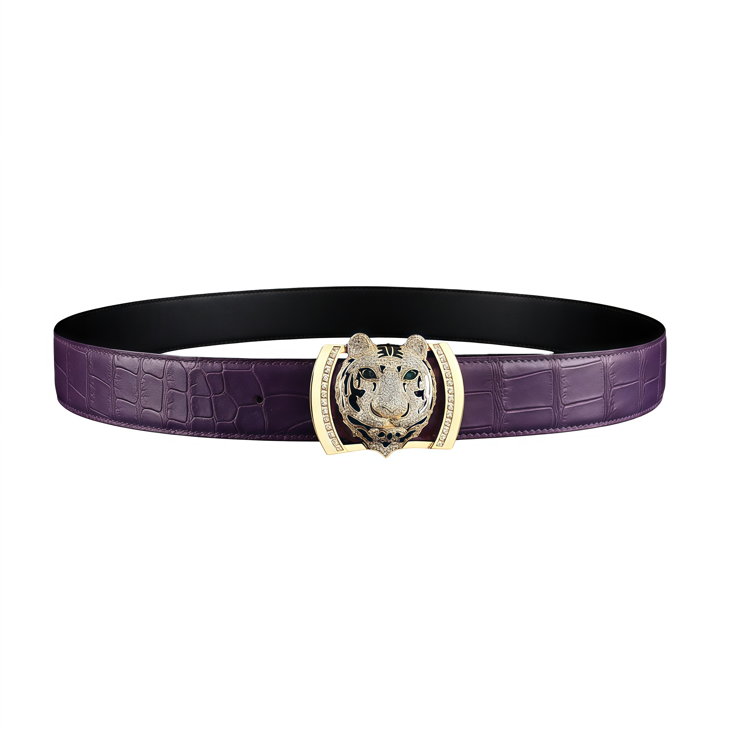 Original Mens Purple Crocodile Leather Belt with Gold Tiger Buckle