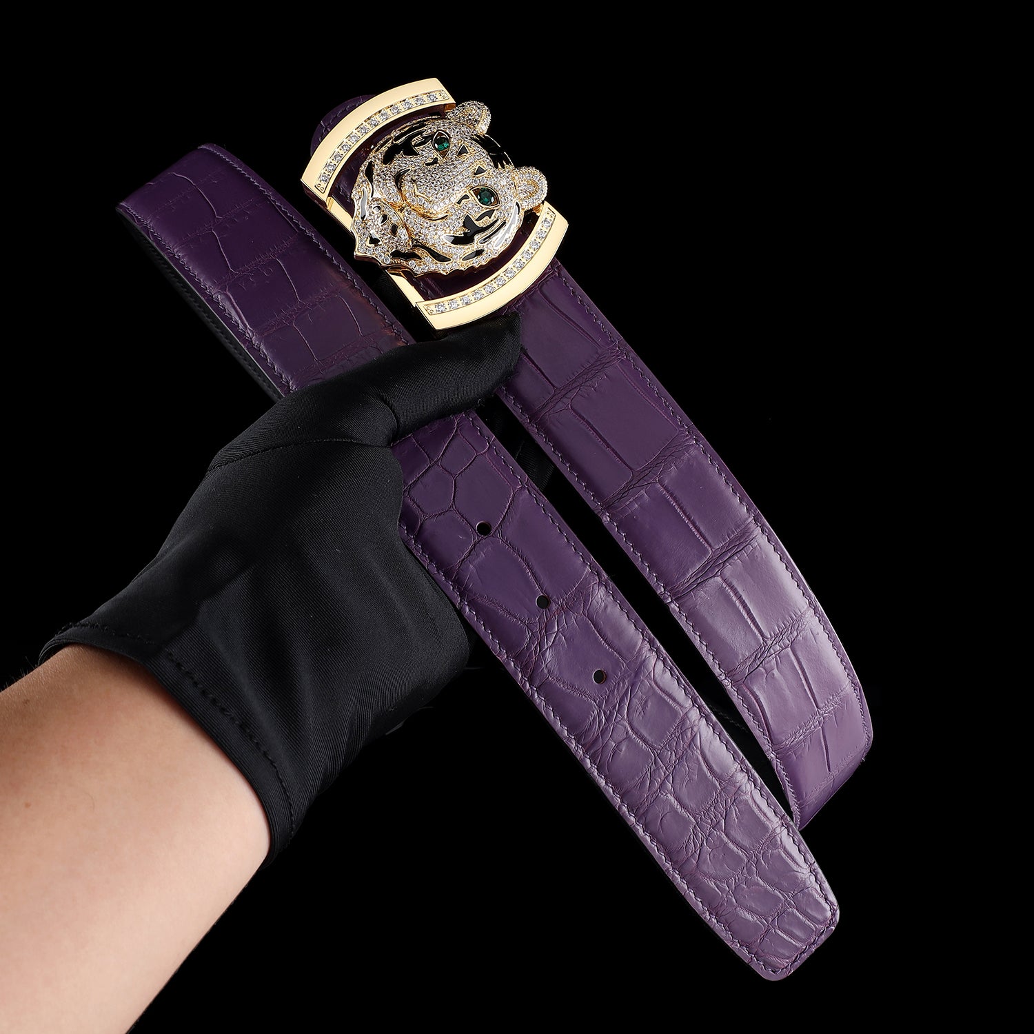 Original Mens Purple Crocodile Leather Belt with Gold Tiger Buckle