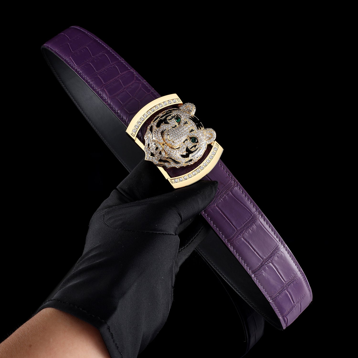 Original Mens Purple Crocodile Leather Belt with Gold Tiger Buckle