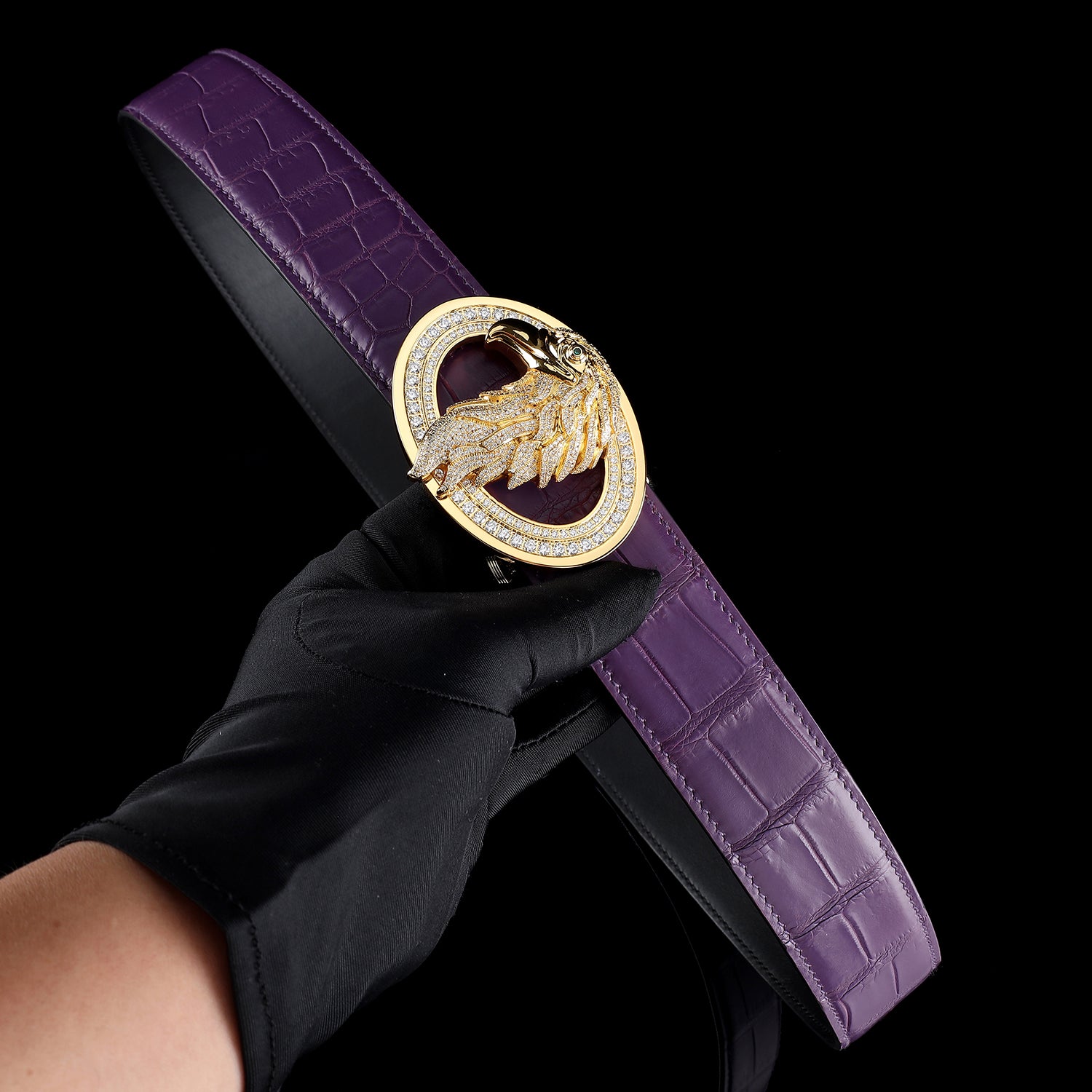 Purple Premium Crocodile Belt With Gold Eagle Buckle