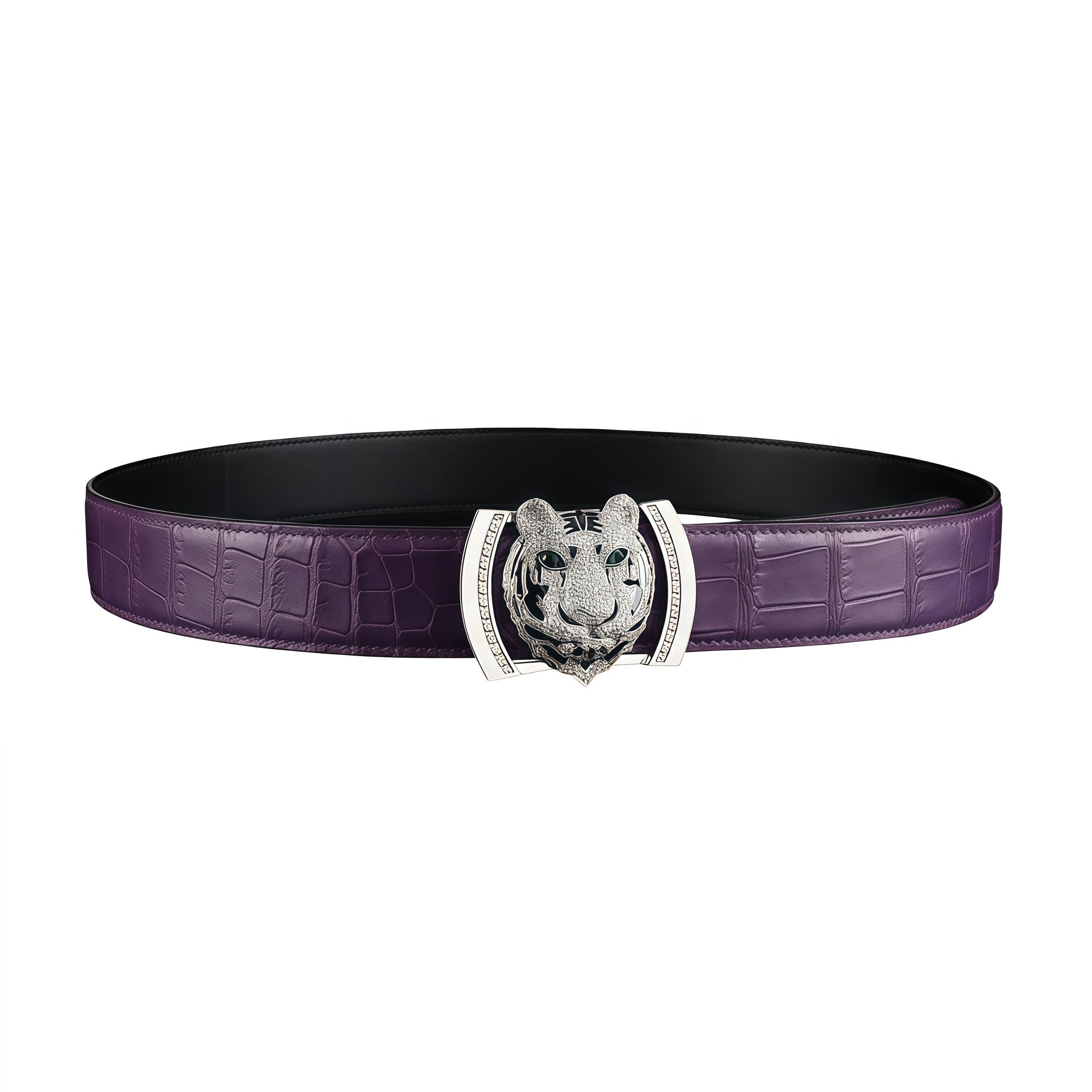 Purple Real Crocodile Leather Belt With Silver Tiger Buckle