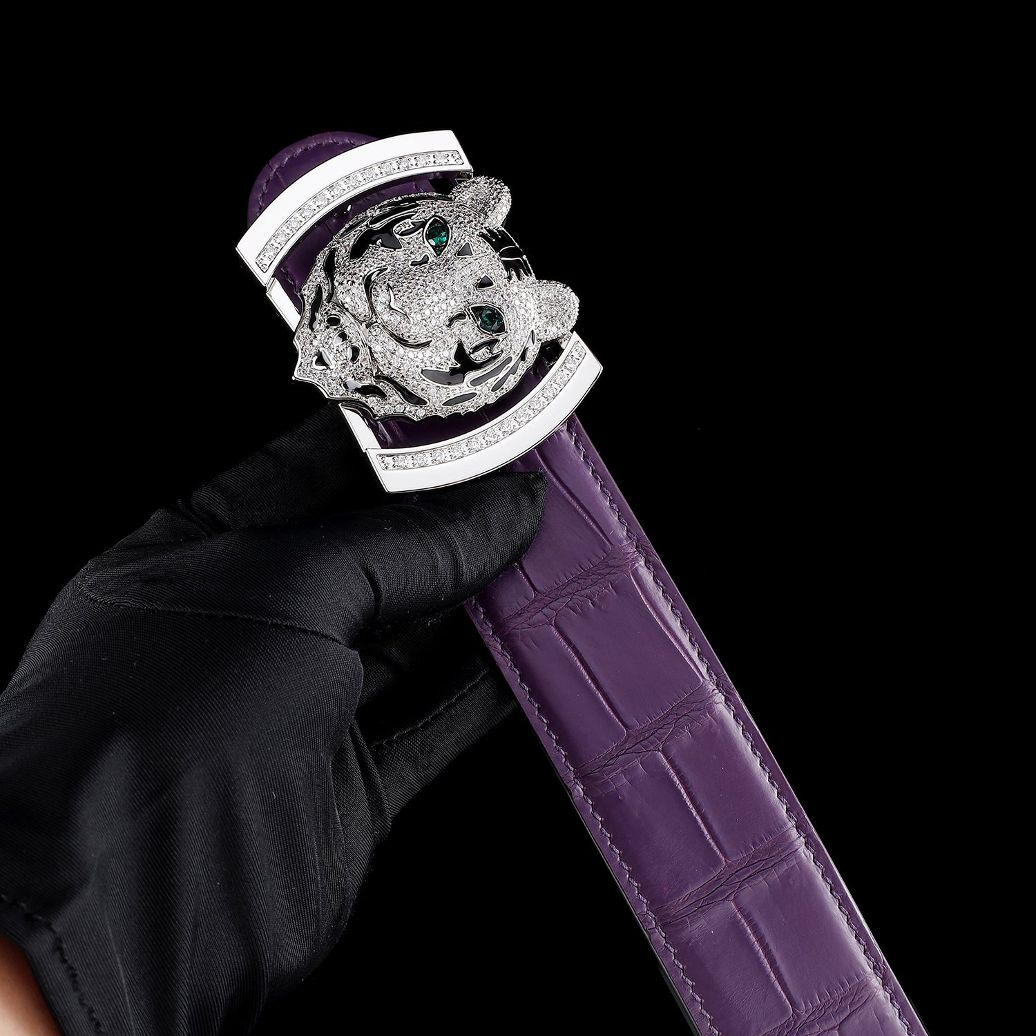Purple Real Crocodile Leather Belt With Silver Tiger Buckle