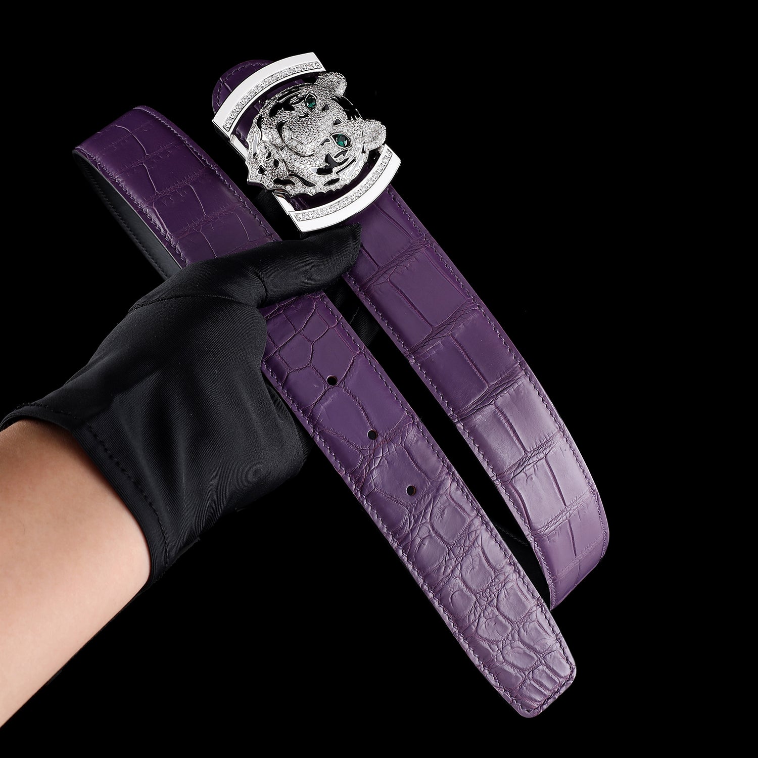 Purple Real Crocodile Leather Belt With Silver Tiger Buckle