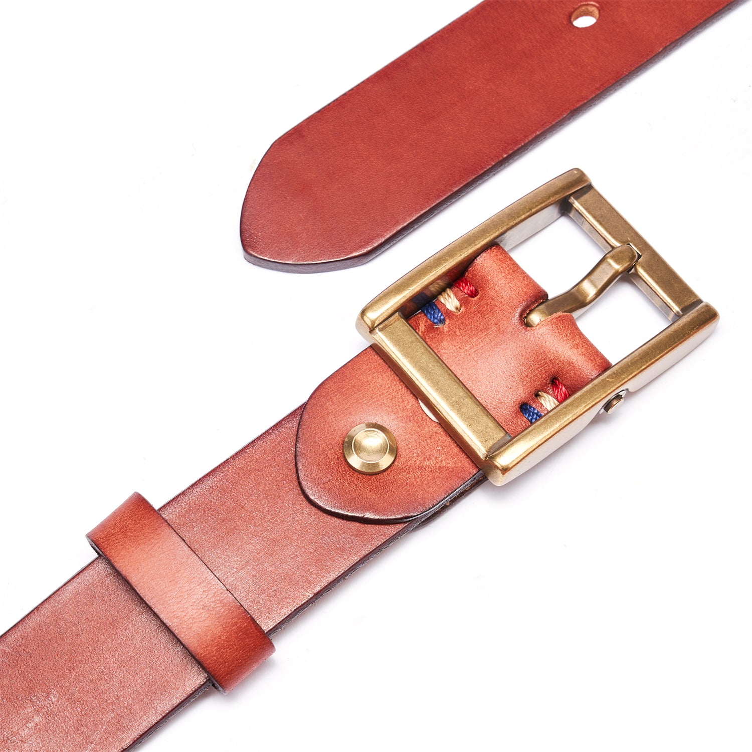 Reddish-Brown 100% Full-Grain Leather Belt with Solid Brass Buckle