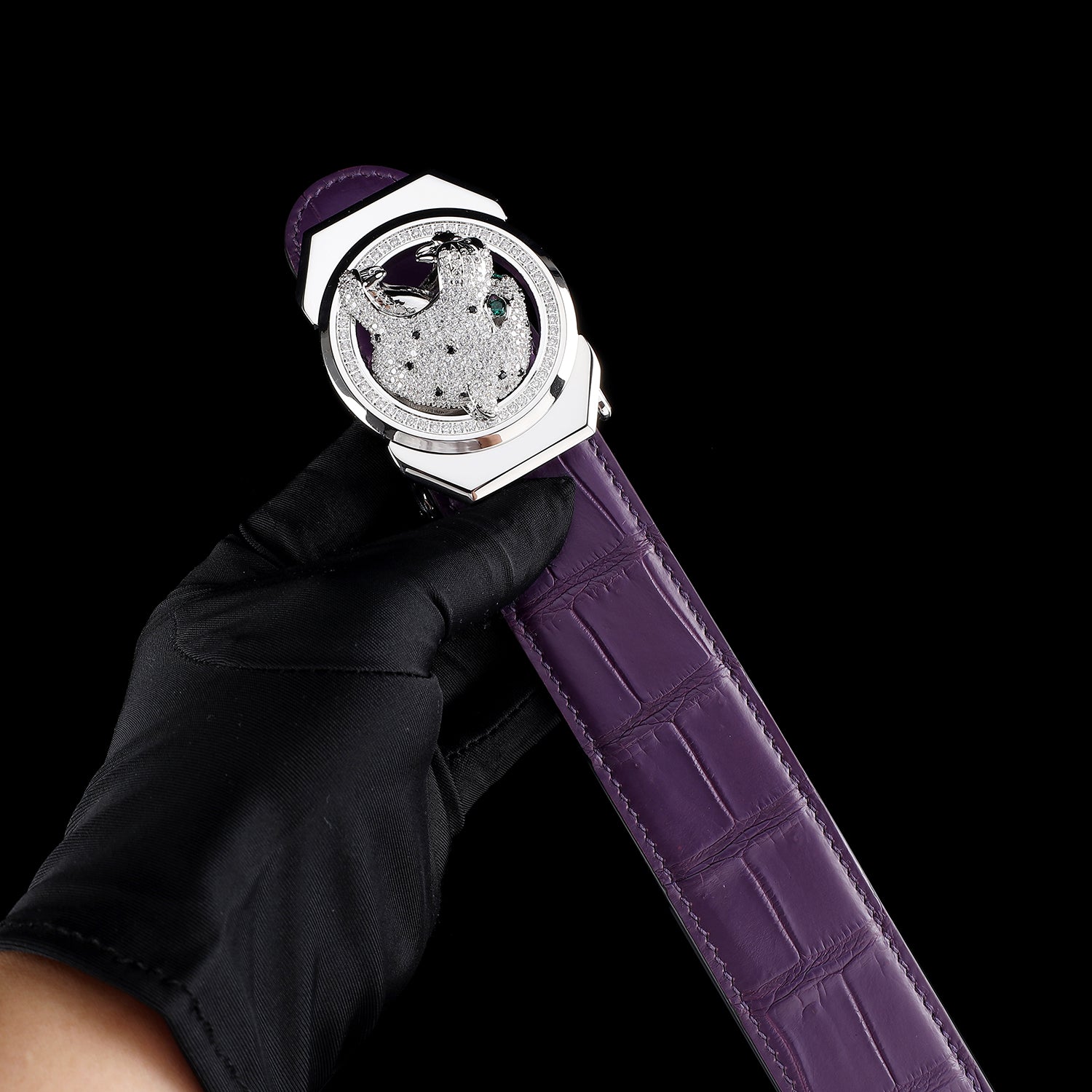 Roaring Leopard Buckle Purple Crocodile Belt by BELTLEY