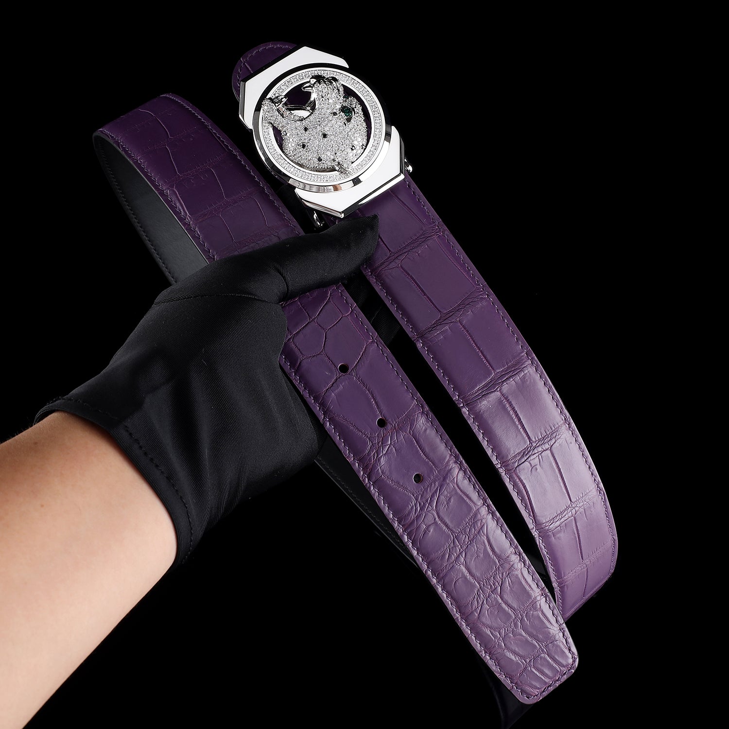 Roaring Leopard Buckle Purple Crocodile Belt by BELTLEY