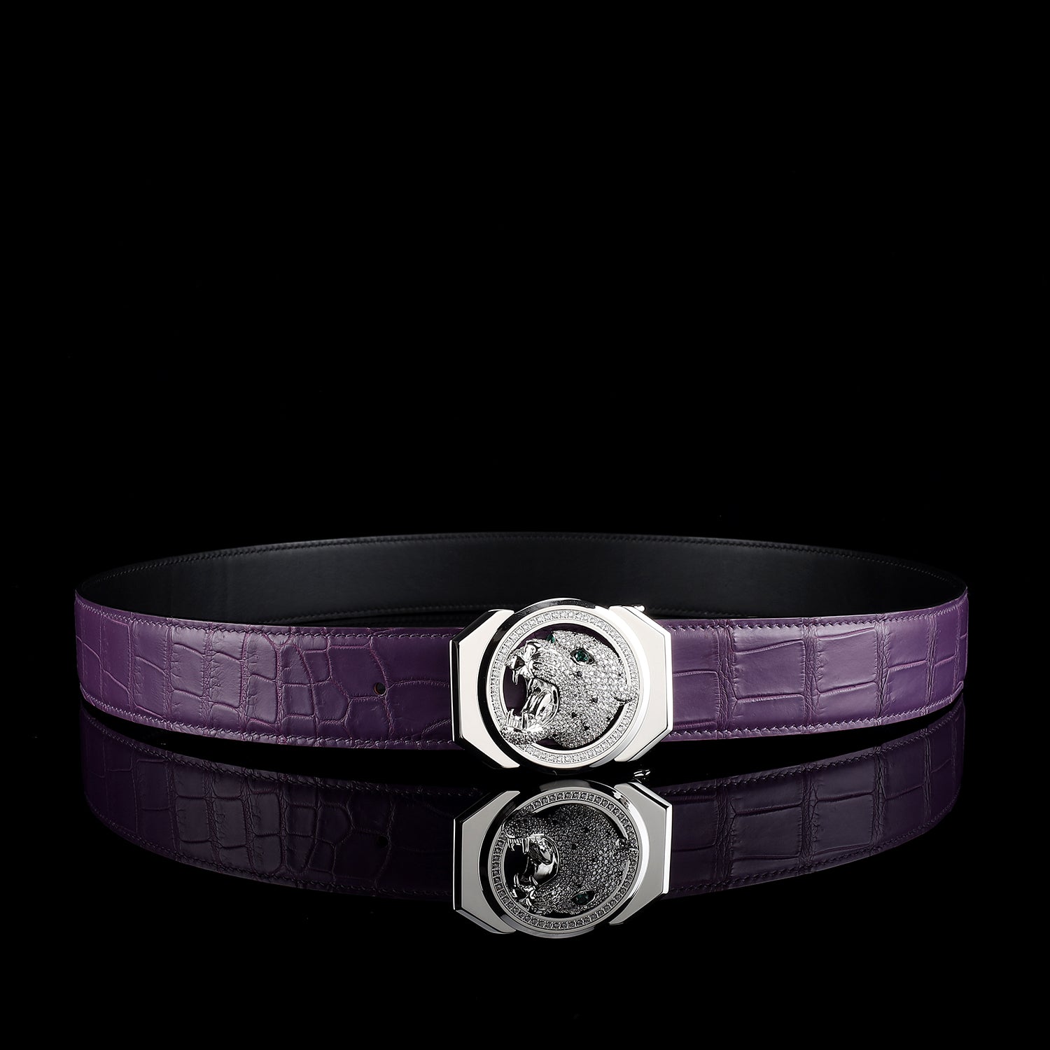 Roaring Leopard Buckle Purple Crocodile Belt by BELTLEY