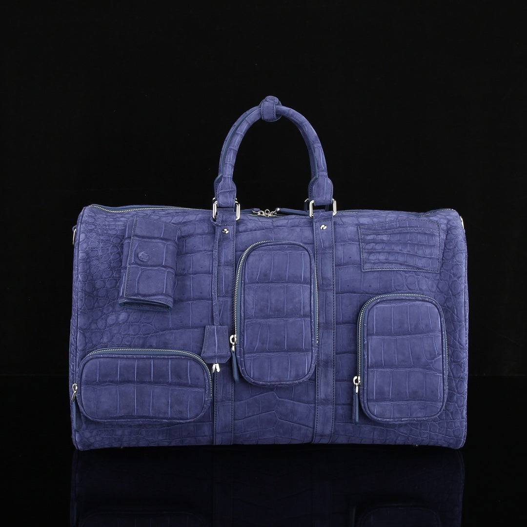 Sueded Slate Blue Multi-Pocket Crocodile Duffle - The BELTLEYNavigator Edition