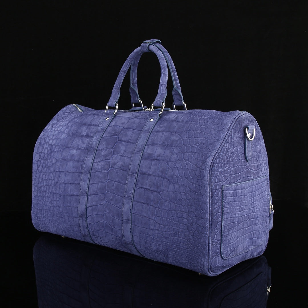 Sueded Slate Blue Multi-Pocket Crocodile Duffle - The BELTLEYNavigator Edition
