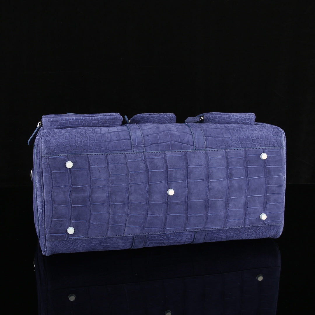 Sueded Slate Blue Multi-Pocket Crocodile Duffle - The BELTLEYNavigator Edition