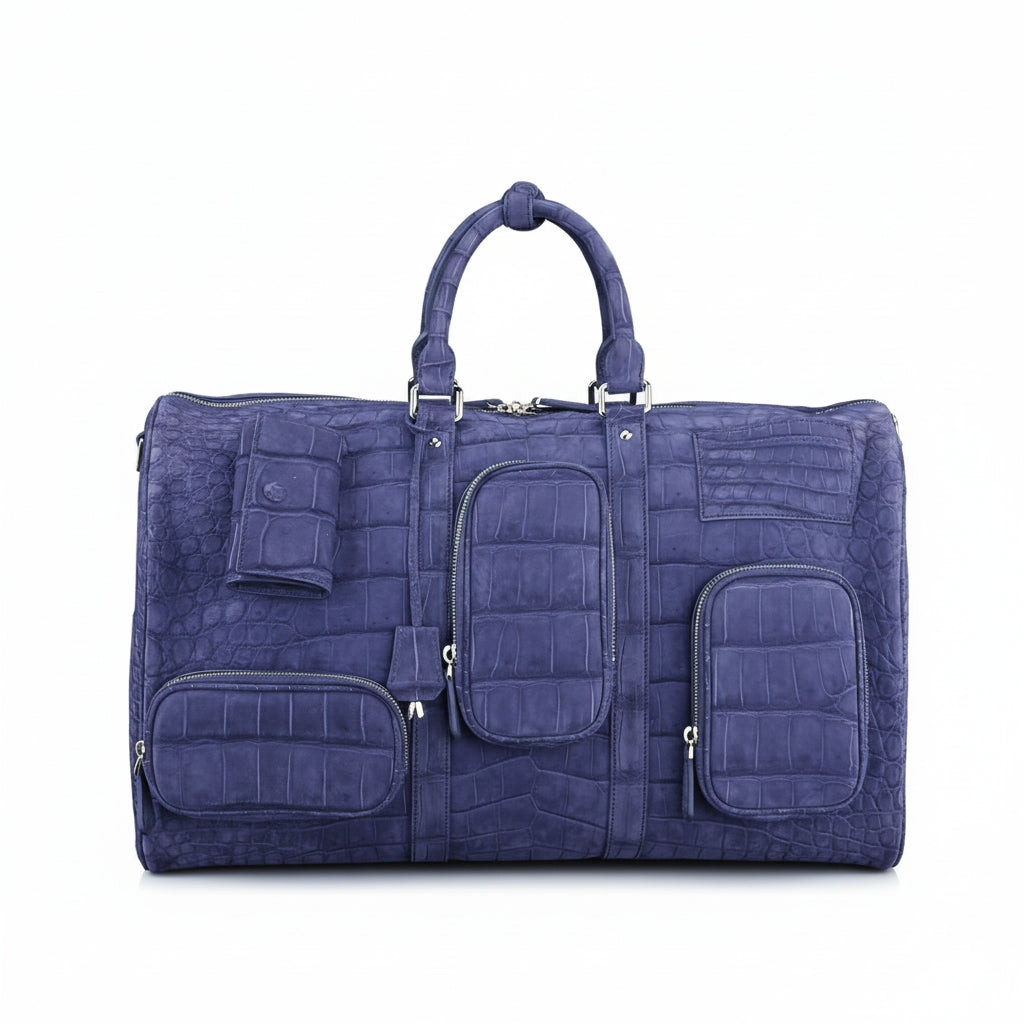 Sueded Slate Blue Multi-Pocket Crocodile Duffle - The BELTLEYNavigator Edition