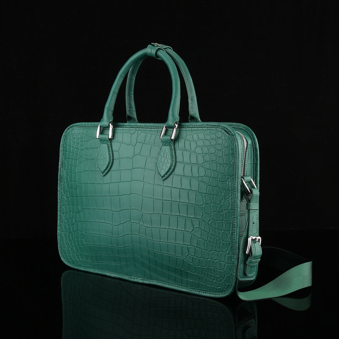 The BELTLEY Vanguard Briefcase in Emerald Green Matte Crocodile