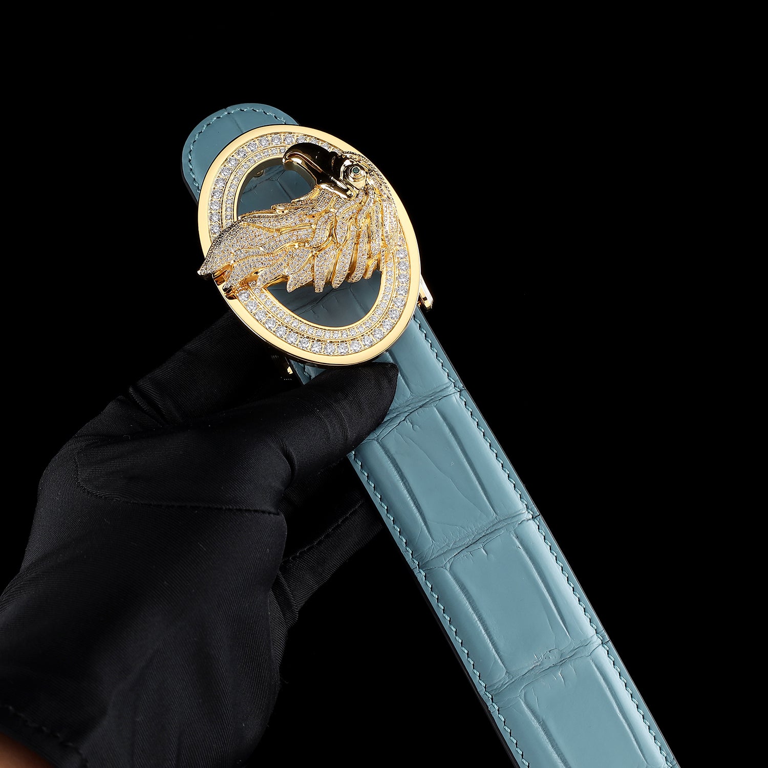 Tiffany Blue Nile Crocodile Leather Belt with Gold Eagle Emblem