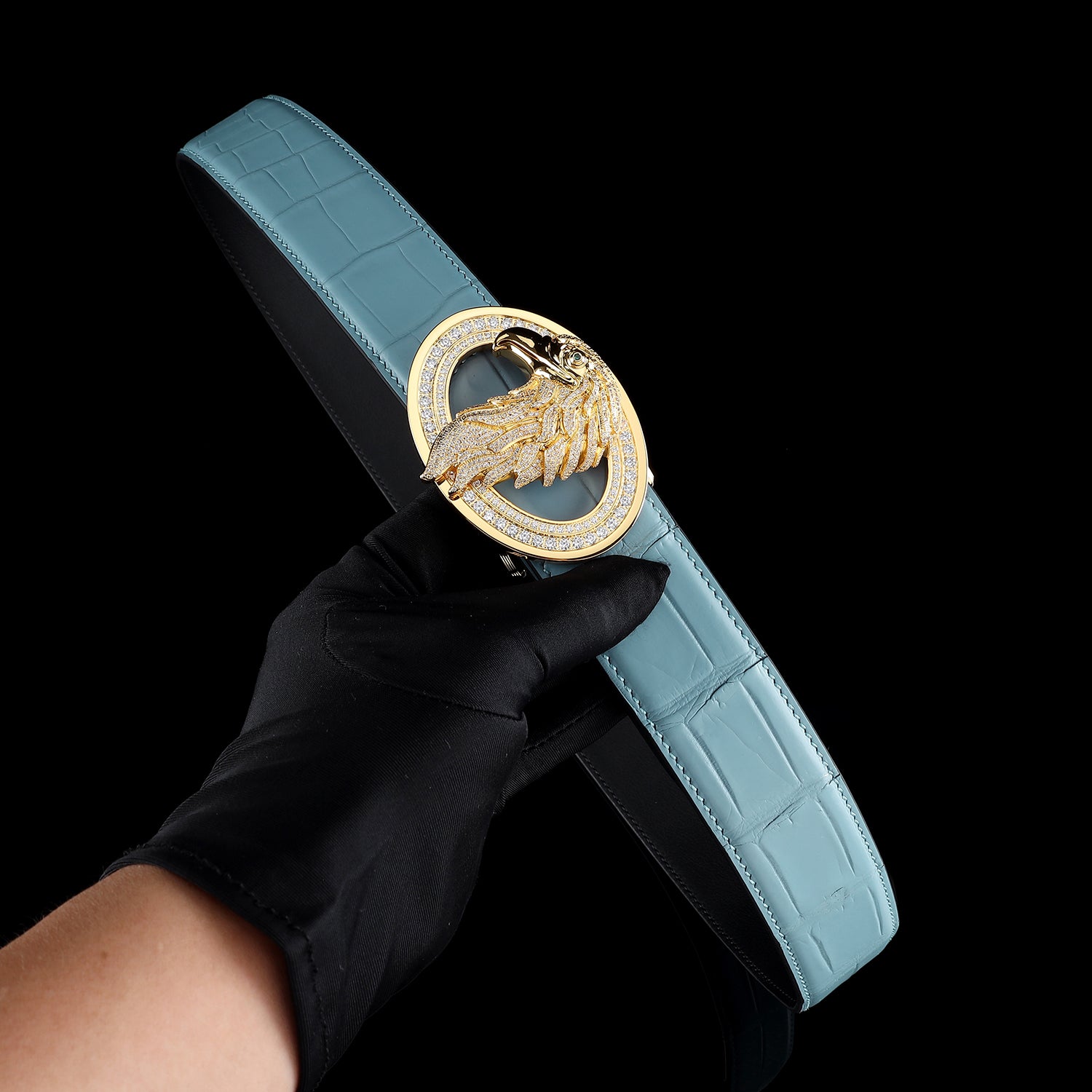 Tiffany Blue Nile Crocodile Leather Belt with Gold Eagle Emblem