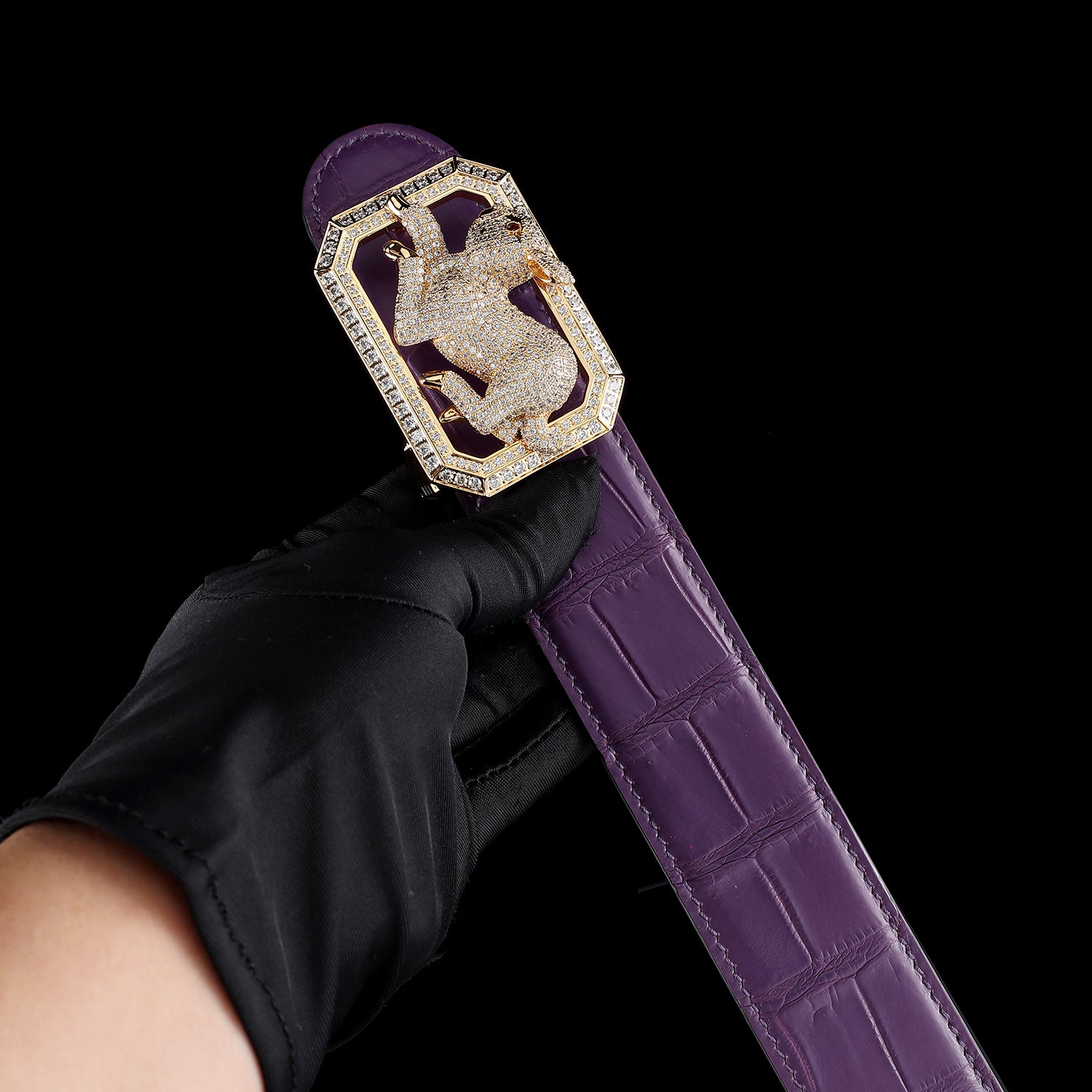 Unique Crocodile Leather Belt with gold Plated Rabbit Buckle