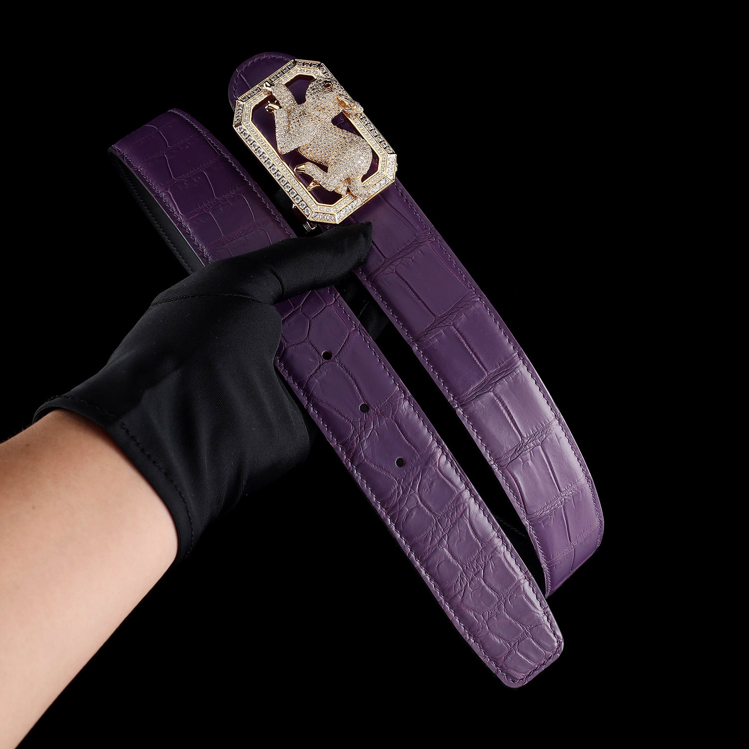 Unique Crocodile Leather Belt with gold Plated Rabbit Buckle