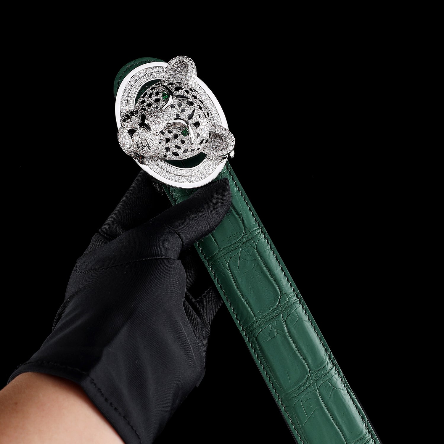 Unique Emerald Green Crocodile Belt With 3D Leopard Buckle