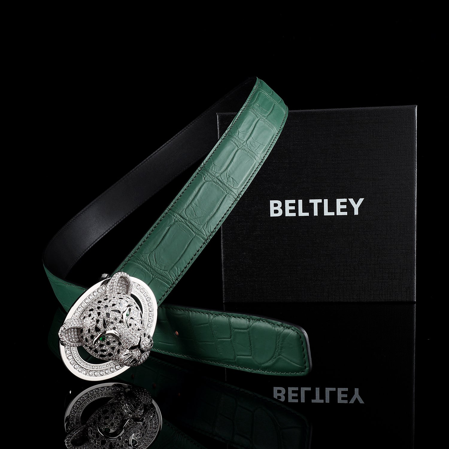 Unique Emerald Green Crocodile Belt With 3D Leopard Buckle