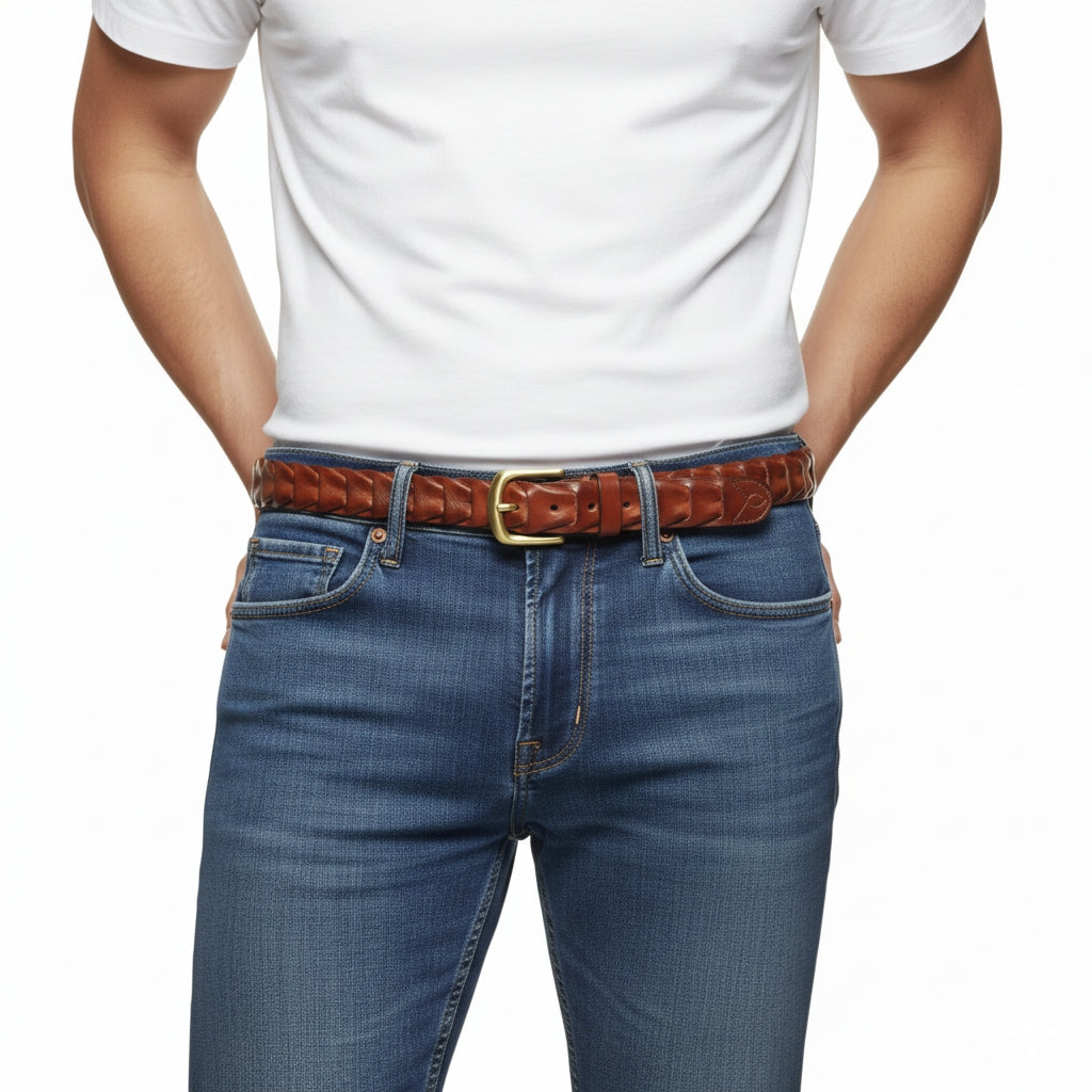 Unique Chestnut Brown Handwoven Leather Belt — lifestyle shot | BELTLEY