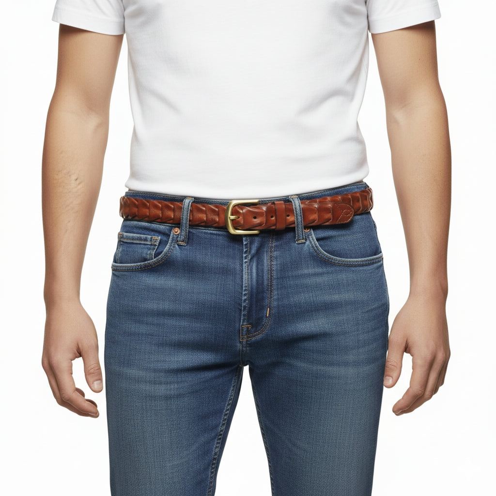 Unique Chestnut Brown Handwoven Leather Belt — side detail | BELTLEY