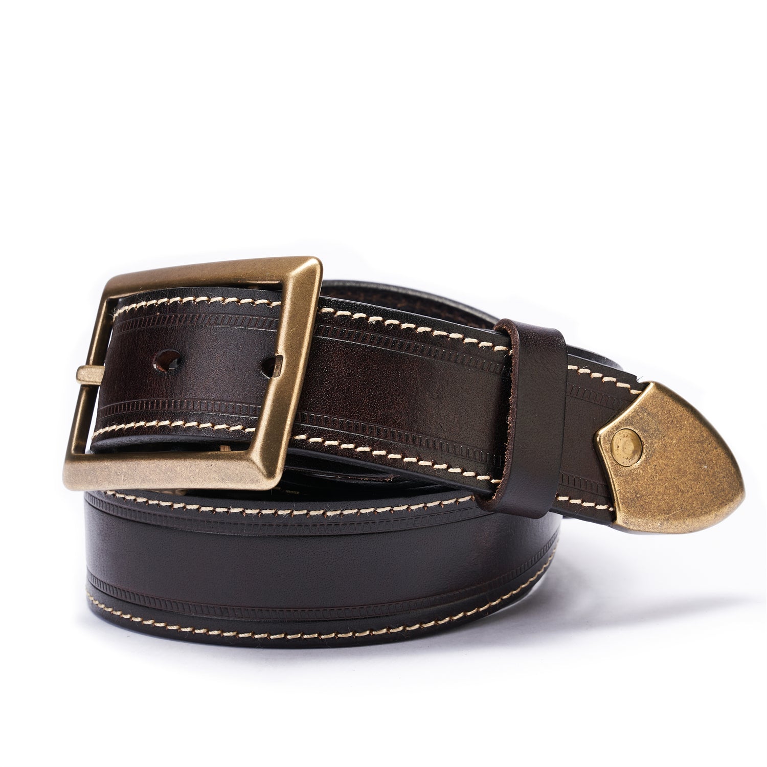BELTLEY Unisex Espresso Leather Belt 35MM -Box Frame Bronze Buckle