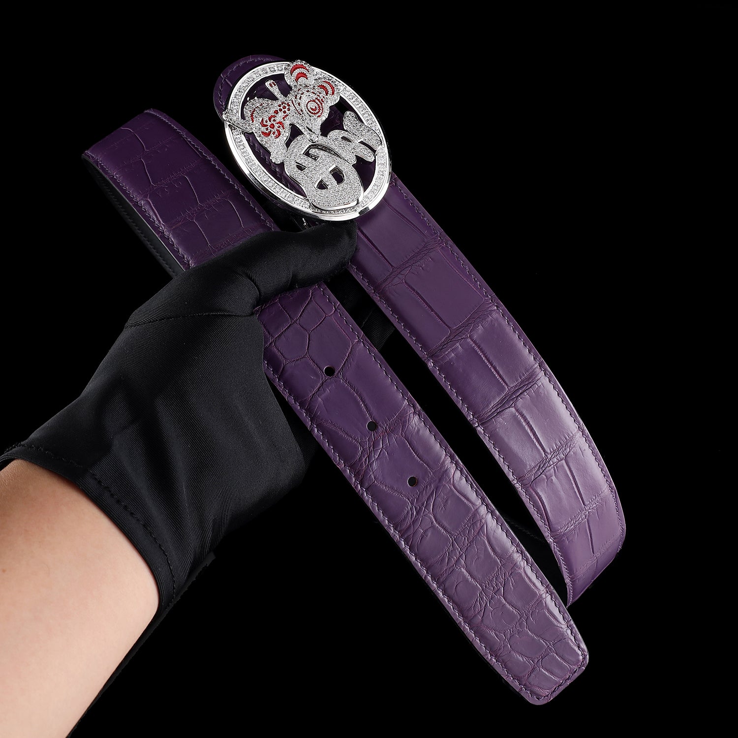 Unusual Fortune Rat Buckle Purple Crocodile Leather Belt